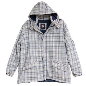 Vintage Seattle Seahawks NFL Blue Plaid Jacket Coat with Hood Mens XL Football